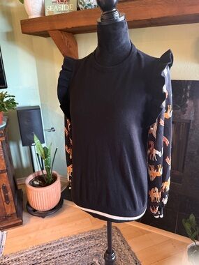 THML Black Ruffle-Shoulder Long Sleeve Top with Horse-Print Sleeves